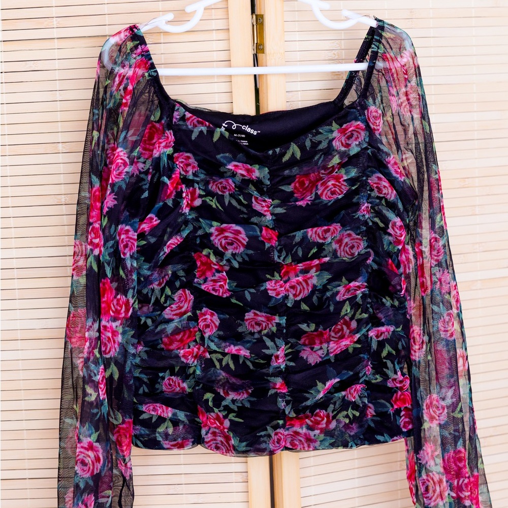Art Class Ruched Sheer Long Sleeve off shoulder Blouse